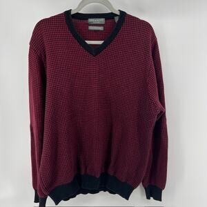 Lyle and Scott Houndstooth V Neck Cotton Knit Sweater Mens L Red Black Preppy